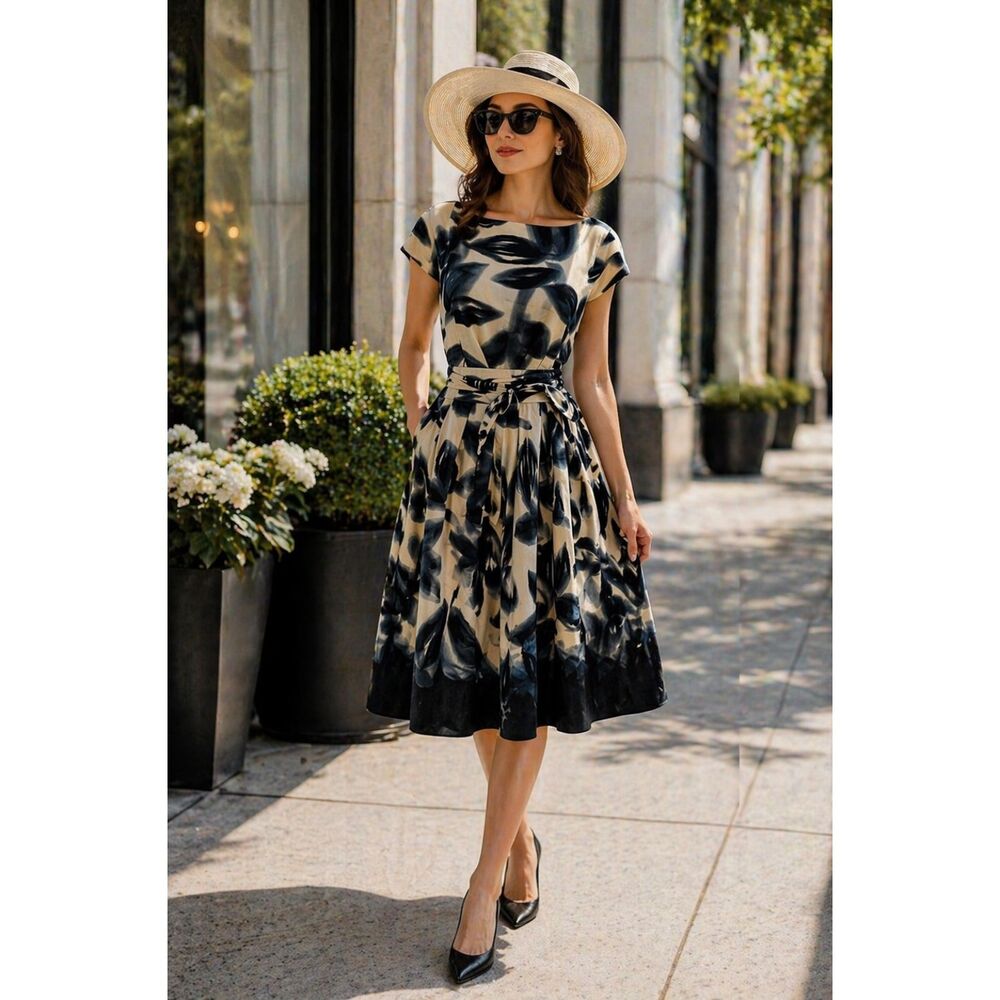 Jones NY Cotton/Silk Blend Dress 8 Abstract Print Tie Waist Midi A-Line Retro
